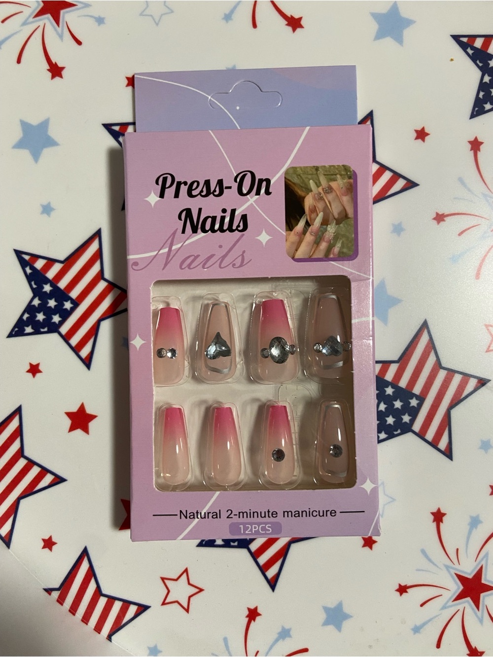 Press-On Nails Pink Ombre with Rhinestones - 12pcs